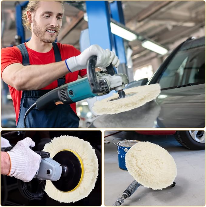 Tallew 6 Pcs 3 Inch Wool Polishing Pad Hook Loop Buffing Pad for Drill Curved Edge Compound Cutting Tool Drill Polisher Attachment Wheel Polish Kit Car Body Repair Buffing