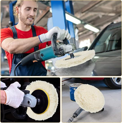 Tallew 6 Pcs 3 Inch Wool Polishing Pad Hook Loop Buffing Pad for Drill Curved Edge Compound Cutting Tool Drill Polisher Attachment Wheel Polish Kit Car Body Repair Buffing