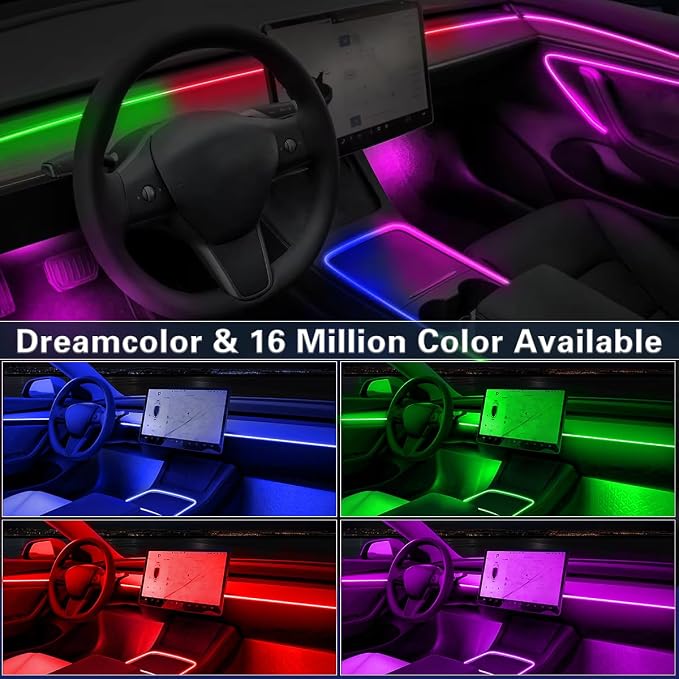 Acrylic Car LED Interior Strip Lights, 6 in 1 Dreamcolor Ambient Lighting Kit with Wireless APP, Luxury EL Wire Trim 16 Million Colors Neon Strip for Car Inside Decoration(No Remote)