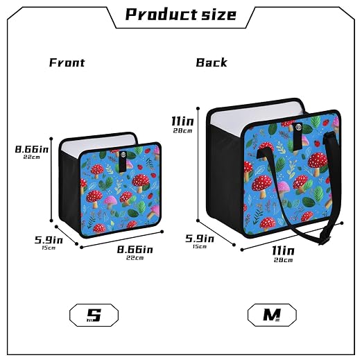 Car Trash Can Organizer Bin with Adjustable Strap for Back Front Seat Console Waterproof Leakproof Collapsible Portable 8.66 Inch Bright Blue Mushrooms Leaves and Ladybugs
