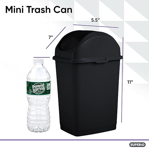 Superio Mini Desktop Trash Can with Swing Top Lid Portable Plastic Garbage Can for Countertop, Desktop, Make up Vanity, Bathroom, Car, Under Sink, Dorm Compact Waste Bin 5 L 1.25 Gal (3, Black)