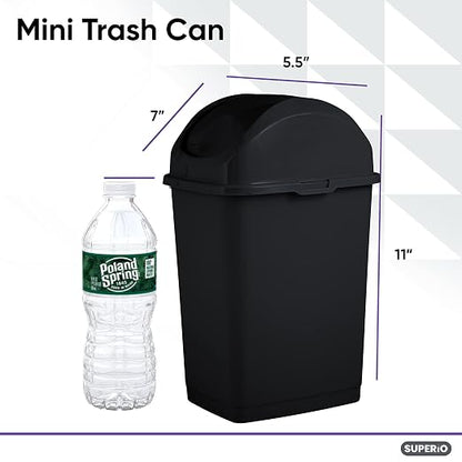 Superio Mini Desktop Trash Can with Swing Top Lid Portable Plastic Garbage Can for Countertop, Desktop, Make up Vanity, Bathroom, Car, Under Sink, Dorm Compact Waste Bin 5 L 1.25 Gal (3, Black)