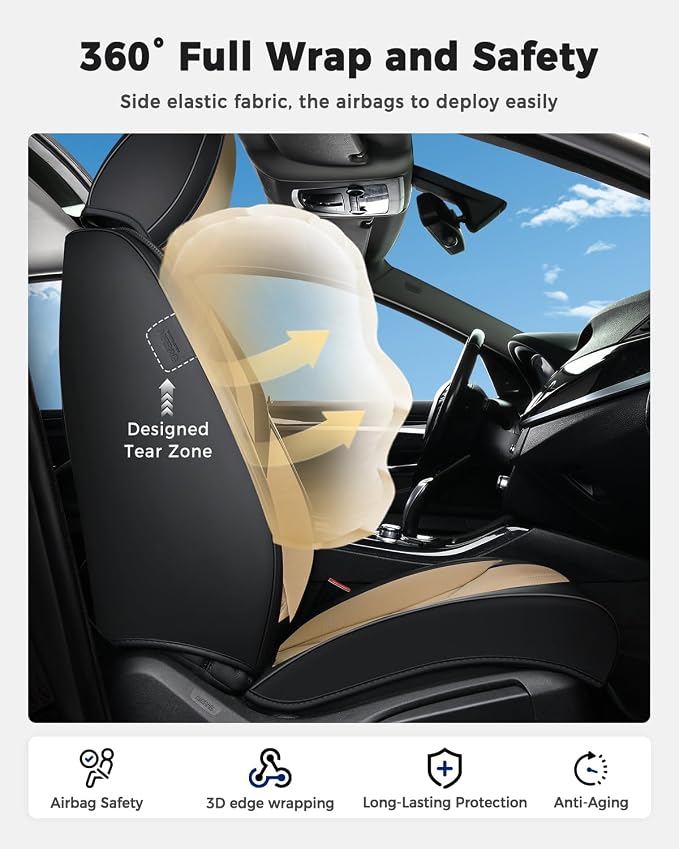 Huidasource Seat Covers Full Set, Universal Fit for Most Cars SUV Trucks, Full Coverage Leather Seat Cover, Airbag, Cupholder Compatible, Seat Function Retain, Easy Install with Velcro, Black & Beige