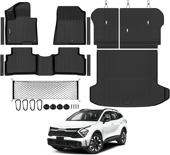 Tongama-Floor Mats for 2026 Kia Sportage Hybrid, All Weather TPE Trunk Mat and Backrest Mats Protector and Cargo Net and Door Sill Guards for Kia Sportage Floor Liner Accessories