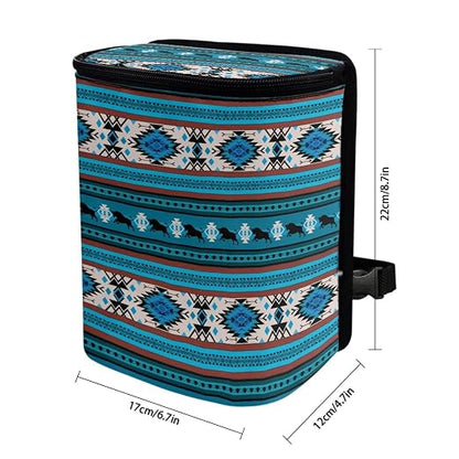 Aztec Tribal and Cattle Pattern Car Trash Can with Lid and Zipper Portable Foldable Ethnic Style Trash Bin for Car Interior Accessories Multipurpose Garbage Can Bags Storage Organizer