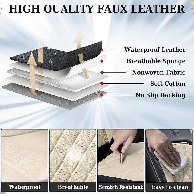 Coverado Car Seat Covers Full Set, Faux Leather Seat Covers for Car, Waterproof Car Seat Protectors 5 Seats, Automotive Seat Covers Universal Fit for Most Cars SUV Trucks- Black&White