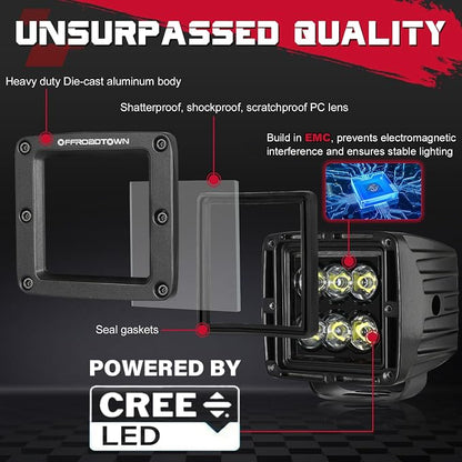 OFFROADTOWN LED Cubes 3inch 120W CREE LED Pods with Wiring Harness and Black Cover Driving Lights Ditch Light Spot Off Road Lights for Truck Pickup UTV ATV SUV Boat 4x4 Car