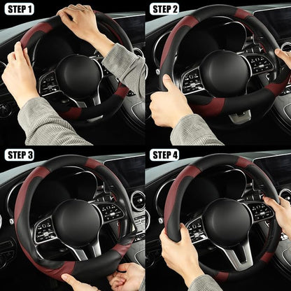 Microfiber Leather Steering Wheel Cover Large Size for Ford F150 F250 F350 RAM 4Runner Tacoma Tundra Sequoia Model S Model X, Breathable, Anti Slip, 15.5 inch to 16 inch, Black with Burgundy