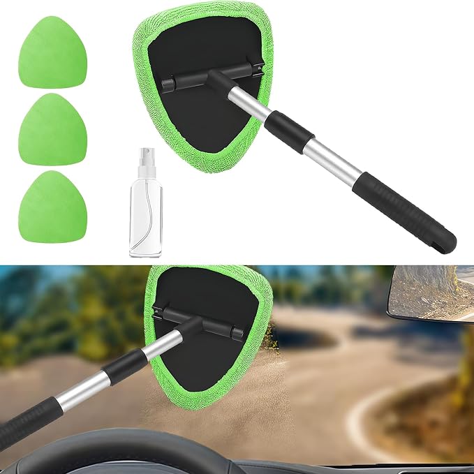 Car Window Cleaner, Car Cleanser Brush, Car Accessories Car Cleaning Supplies Tools, Car Cleaning Kit with Extendable Handle, Microfiber Cloth, Spray Bottle, Fits All Cars (Green)