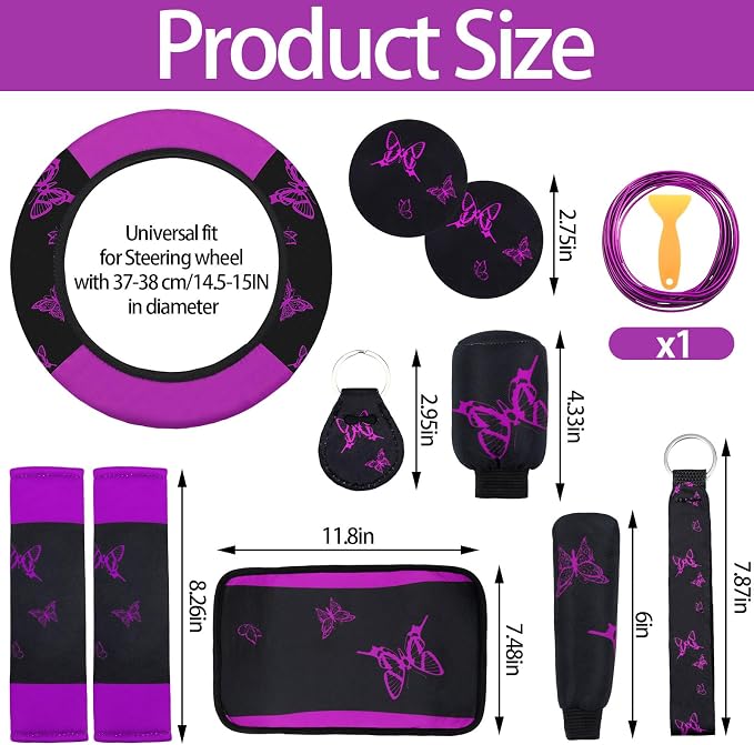 BBTO 43 Pcs Butterfly Car Seat Full Set Butterfly Car Accessories for Women 5 Front Rear Seat Covers Wrist Strap 2 Pcs Cup Mat Armrest Pad 2 Belt Xmas Cover Accessories for SUV(Purple, Black)