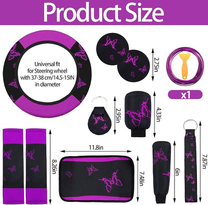 BBTO 43 Pcs Butterfly Car Seat Full Set Butterfly Car Accessories for Women 5 Front Rear Seat Covers Wrist Strap 2 Pcs Cup Mat Armrest Pad 2 Belt Xmas Cover Accessories for SUV(Purple, Black)