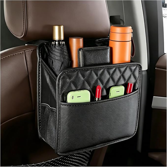 Car Seat Back Organizer, Foldable Leather Auto Backseat Hanging Storage Pocket, Multipurpose Large Capacity Seat Back Hanging Bag for Most Vehicles, Car Accessories