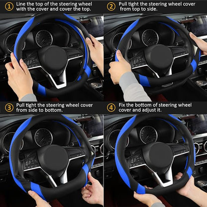 West Llama Flat Bottom Car Steering Wheel Cover for Nissan,D Shaped Steering Wheel Cover for Rogue,Altima,Kicks (Black+Blue-Standard Size)