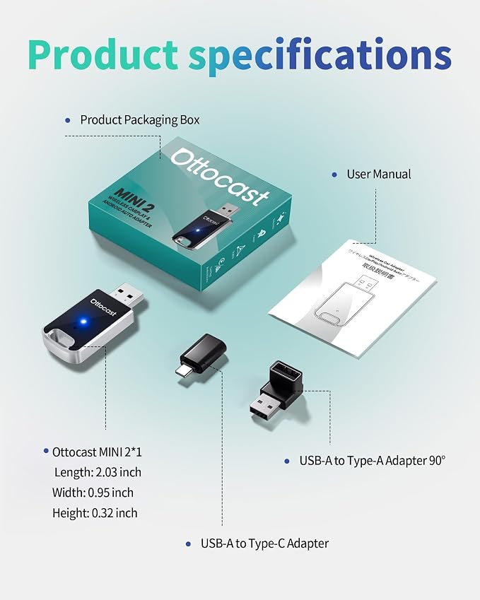 OTTOCAST Mini Edge, 2 in 1 Wireless Carplay Adapter & Wireless Android Auto Adapter for Apple iPhone Samsung or other AndroidPhone, USB Bluetooth Car Accessories for OEM Wired Carplay/Android Auto Car