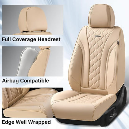 Coverado Car Seat Covers Front Seats, Beige Seat Covers, Breathable Perforated Design, Luxurious Diamond Leather Car Seat Cover, 2 Pack Car Seat Protector Front Seat Cover Universal Fit Most Cars