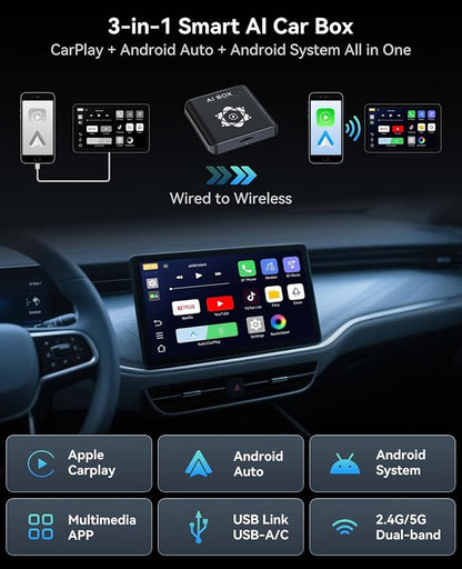 AI Box for Factory Wired CarPlay, Wireless CarPlay & Android Auto Adapter with Netflix, YouTube & TikTok, Full Android Car Video Box with 4G LTE, GPS, Dual Bluetooth and Dual-Band WiFi