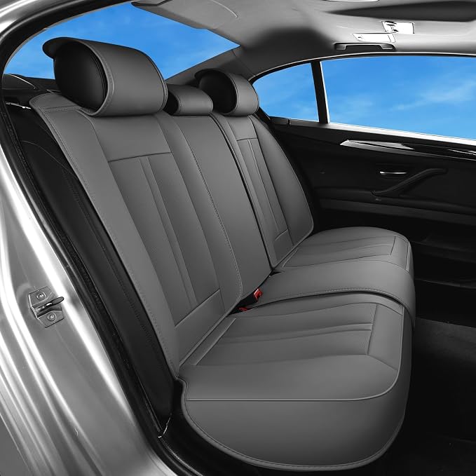 Huidasource Gray Back Seat Cover Luxury Nappa Leather, Rear Seat Cover with Velcro Adjustable, Ventilation Holes, Child Safety Seats, Back Seat Car Cover Universal Fit for Most Cars SUV Trucks, Gray