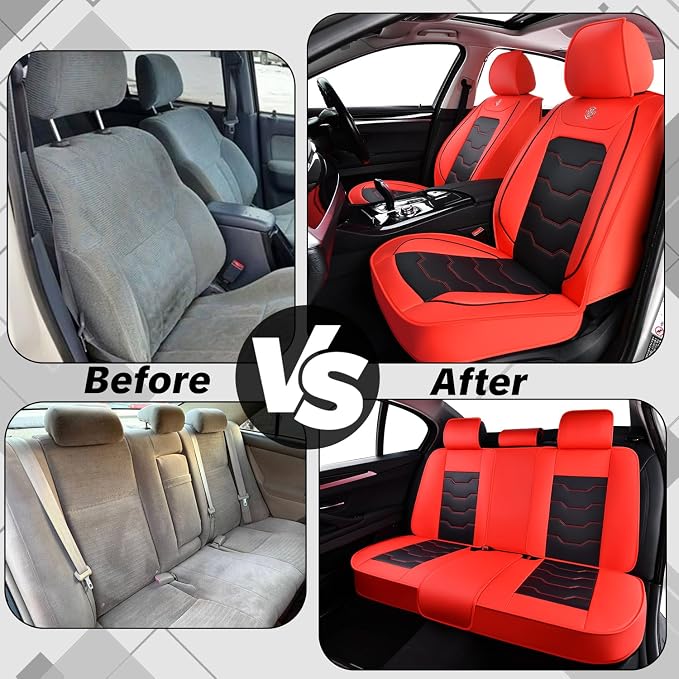Red Car Seat Covers for Suvs, Sedans, and Pickup Trucks Protect and Upgrade Your Vehicle's Interior Waterproof Leather 5-Piece Complete Set Compatible with Airbags Easy to Install and Clean