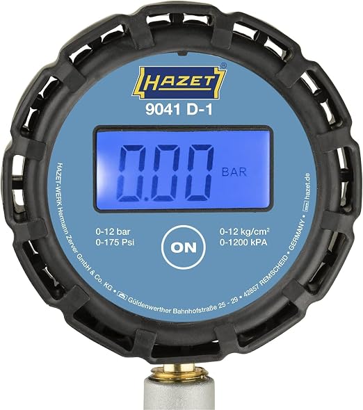 HAZET Tire Pressure Gauge 9041D-1 I Digital Display, Illuminated, Measuring Range: 0-174 psi, Hose Length: 15.75 Inches, Pressure Gauge Diameter: 2.48 Inches I Tire Pressure Gauge for Cars