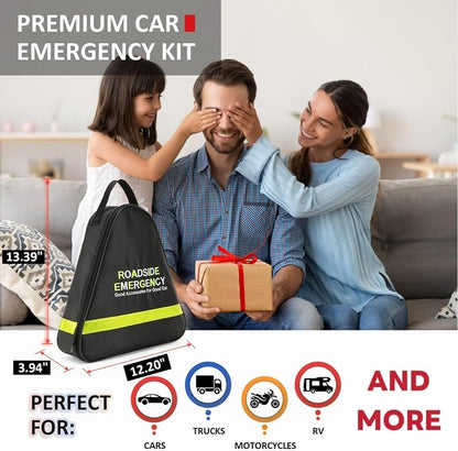 Car Emergency Kit with Jumper Cables, Roadside Safety Emergency Car Kit for Vehicle Truck Motorcycle - Gifts for Men Women Teenagers, Easy Storage(Black)