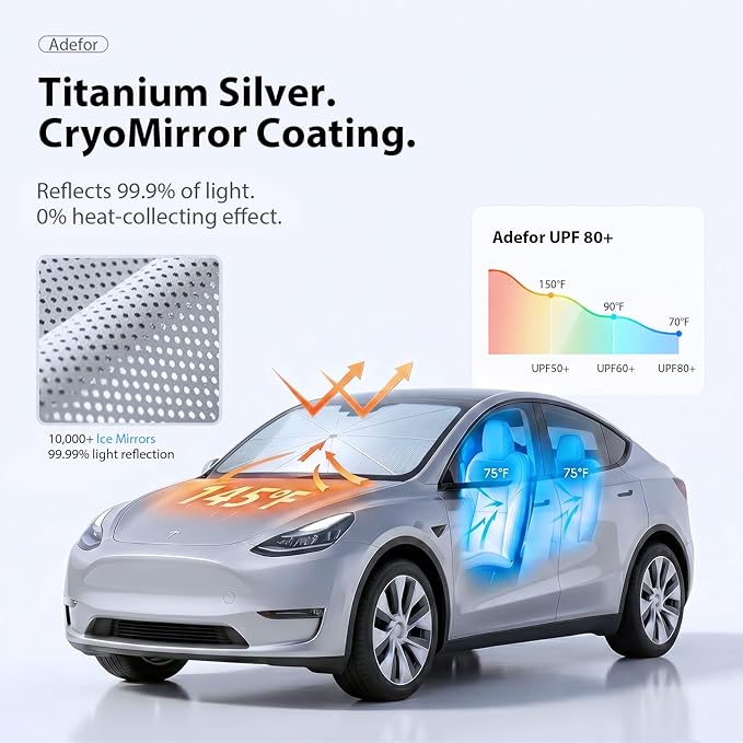 2026 Upgraded Windshield Sun Shade Umbrella for Tesla Model 3 [Precision Custom Fit, Superior UV & Heat Block] Cooling Tech Fabric, Durable Foldable with Storage Bag, Fits 2017-2026