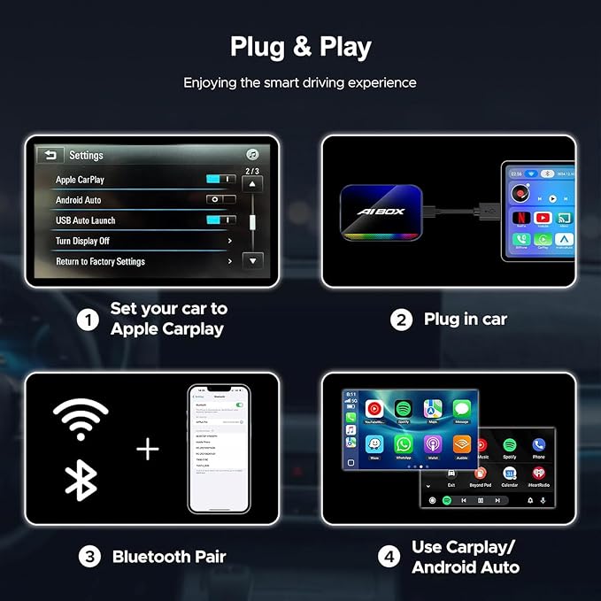 Magic AI Box, Wireless CarPlay Android Auto Adapter with Net-Flix YouTube TikTok, Built-in Play Store and Screen Mirroring, Plug and Play Video Adapter for OEM Factory Wired CarPlay Vehicles