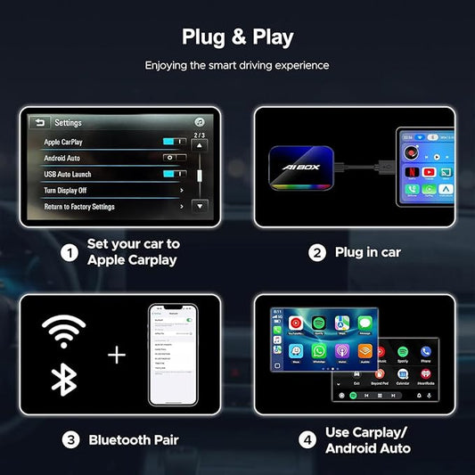 Magic AI Box, Wireless CarPlay Android Auto Adapter with Net-Flix YouTube TikTok, Built-in Play Store and Screen Mirroring, Plug and Play Video Adapter for OEM Factory Wired CarPlay Vehicles