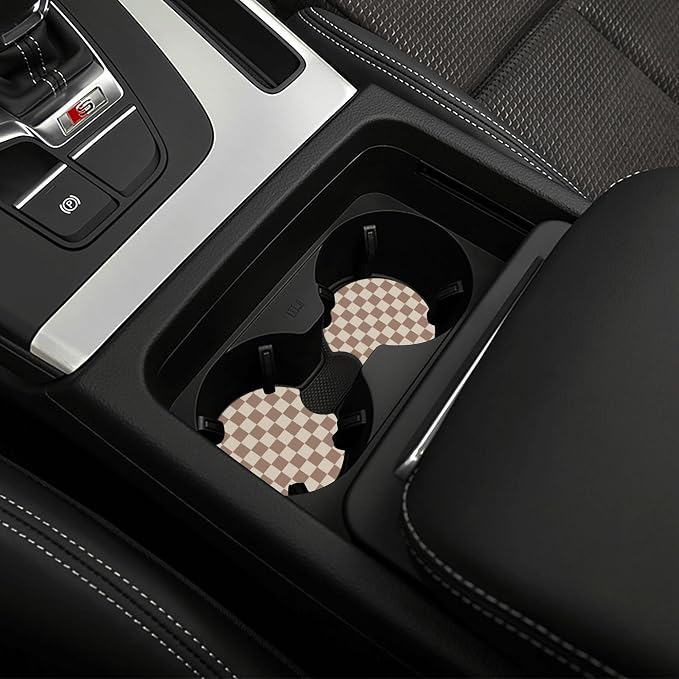 Checkered Brown Steering Wheel Cover 14-15 Inch with 2 Pcs Car Coasters | Universal Anti-Slip Breathable Suitable Men Women Checkered Car Wheel Cover Accessories