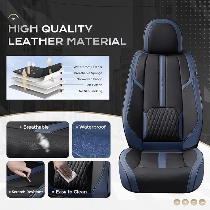 Coverado Front Seat Covers, 2 PCS Luxury Leather Seat Covers with Lumbar Support, Universal Seat Cover for Cars, Car Seat Protector Waterproof, Automotive Seat Cushions Fit for Most Cars (Blue&Black)