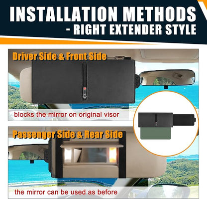 Veharvim 2 Pack Sun Visor Extender for Car with Zipper Slider (Driver + Passenger Side), Upgraded UV400 Car Sun Visor Extension with PC Lens and Side Sunshade, Anti-Glare, UV-Filtering