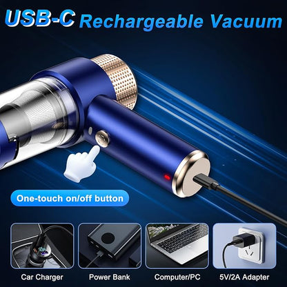 Mini Vacuum Cleaner, 15000PA Car Vacuum Cleaner Portable Cordless with LED Light, 4 in 1 Air Duster and Handheld Small Vacuum Rechargeable for Car, Home, Office, Pet（Blue）