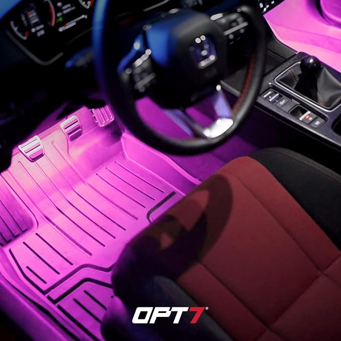 OPT7 Aura Pro 4PC Double LED Interior Car Strip Lights with APP & Remote Control, Multicolor Mode, Sound Active Neon Accent Lighting Kit, Footwell Floor Inside Decor Accessories, 12V Charger Adapter