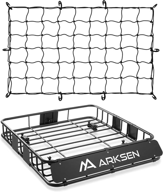 ARKSEN 43" x 39" x 6" Roof Rack Basket with Extension & Cargo Net, 150 lb Heavy-Duty Steel Cargo Carrier, Fits Crossbars up to 1.38" Thick, for SUV & Pickup Truck