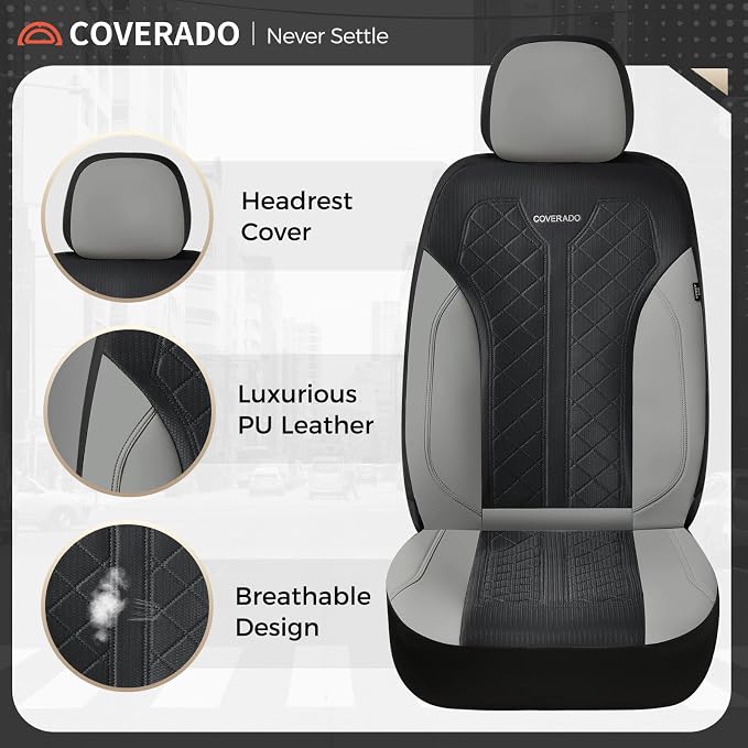 Coverado Front Seat Covers, Automotive Seat Covers 2 Seats, Leather Car Protectors 2-Pack, Auto Seat Covers Spill-Proof Design Universal Fit for SUV, Vans, Sedan, Truck