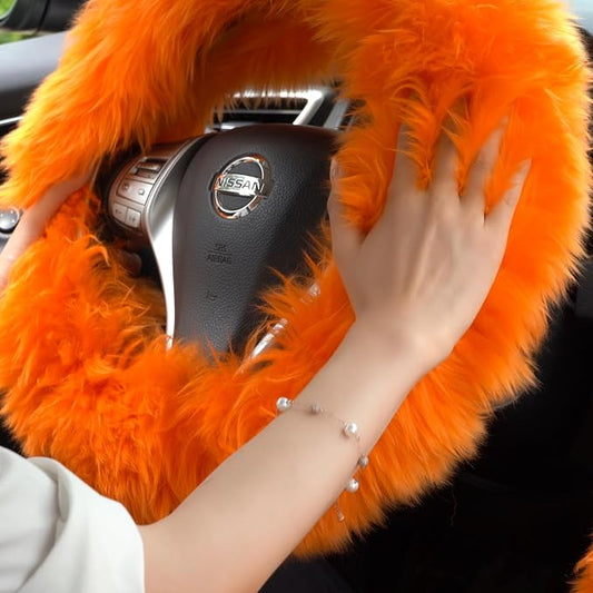Fuzzy Genuine Sheepskin Steering Wheel Cover Set for Women Parents-Fluffy Soft Australian Merino Wool Wrap with Gear Shift and Hand Brake Covers, Cozy Stylish Luxury Car Accessories (Orange)
