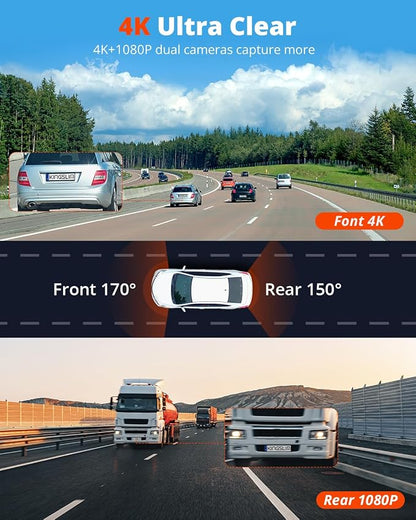 Kingslim 4K Dash Cam Front and Rear with 64GB SD Card, 5G WiFi Dash Camera for Cars, 1.5'' Screen Dashcam Wireless APP Control, Support G-Sensor/Time Lapse 2 Kinds Parking Monitor