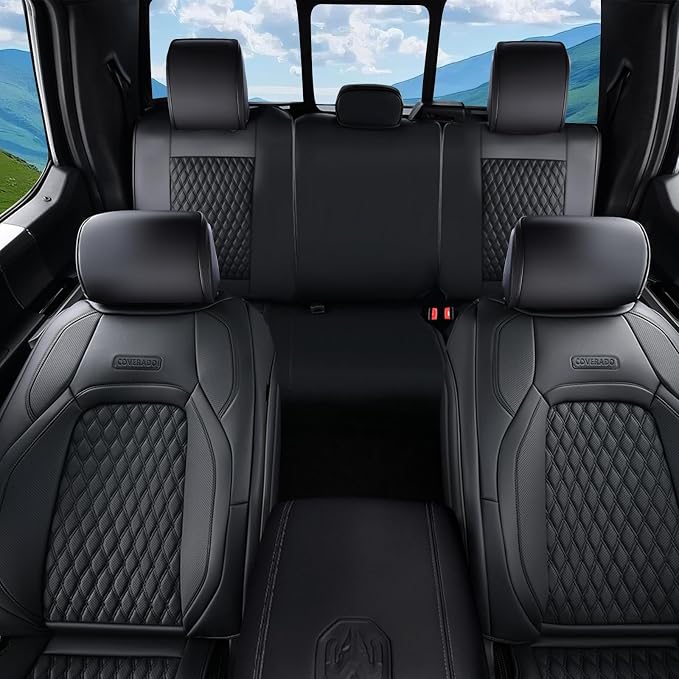 Coverado Car Seat Covers Fullset, Waterproof Leather Car Seat Covers for Dodge RAM 1500 Compatible with 2010-2023 2500 3500 Dodge RAM Accessories, Curved Front&Flat Rear/Black
