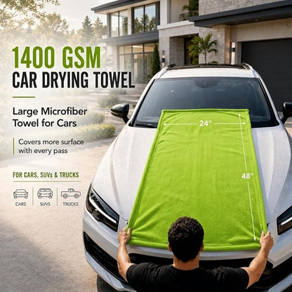 1400 GSM Car Drying Towels – XXL Microfiber Towels for Cars (48" x 24"), Ultra-Absorbent, Streak-Free, Scratch-Free, No Water Spots, Double-Twist Pile & Edgeless Design