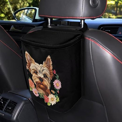 Talayituse Yorkshire Daisy Print Car Trash Bin, Large Size Auto Trash Can Adjustable Portable Garbage Can with Lid, Vehicle Hanging Bag for Headrest Front Back Seat