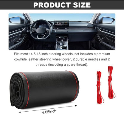 Wevdn Genuine Leather Steering Wheel Cover, Stitch on Wrap, DIY Sewing Steering Wheel Protector, 15 Inch Breathable Non-Slip Steering Wheel Protector, Car Accessories (Black&Red, Glossy)