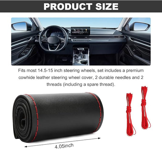 Wevdn Genuine Leather Steering Wheel Cover, Stitch on Wrap, DIY Sewing Steering Wheel Protector, 15 Inch Breathable Non-Slip Steering Wheel Protector, Car Accessories (Black&Red, Glossy)