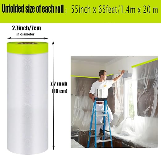Tape and Drape Painters Tape and Plastic Film - 55in x 65ft Roll for Cars, Auto Body, Skirting and Frames