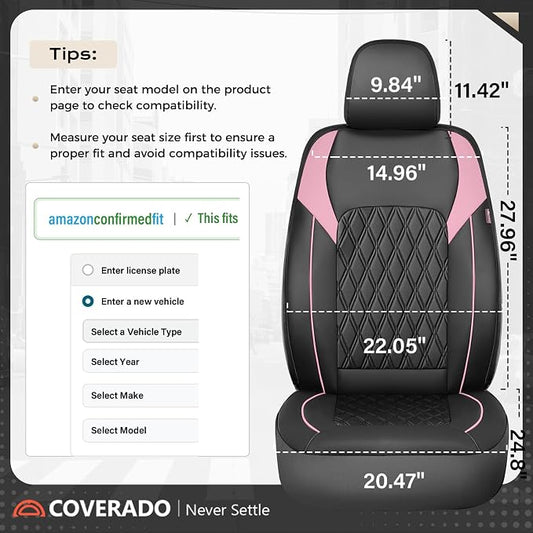 Coverado Leather Seat Covers, Waterproof Car Seat Covers Front Seats, Luxury Front Car Seat Covers Faux Leather Car Seat Protector, Automotive Car Seat Covers Universal Fit Most Cars Truck, Black&Pink