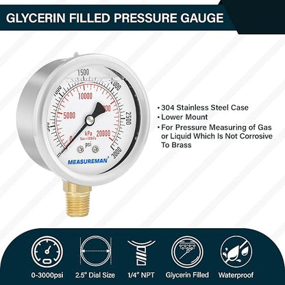 MEASUREMAN 2-1/2" dial,Glycerin Filled, Stainless Steel case, Brass Inside, 0-3000psi/kpa,1/4" NPT Lower Mount