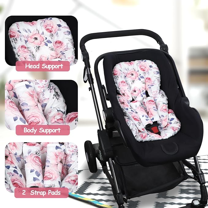 SWESEN Infant Car Seat Insert with 2 Strap Pads, Super Soft Carseat Head and Body Support for Baby Boys and Girls, Reversible Newborn Car Seat Insert Cushion for Strollers, Bouncers, Swing, Floral