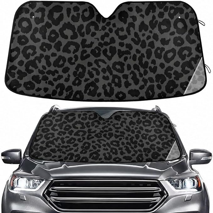 Windshield Sun Shade Dark Gray Leopard Cheetah Print Ram Front Window Block UV Shades Visor Reflective Retractable for Car SUV Trucks