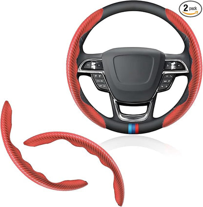 Universal Fit Carbon Fiber Steering Wheel Cover, Segmented Steering Wheel Protector, Carbon Fiber Anti-Skid Steering Wheel Cover Car Interior Accessories (2 Pcs Red)