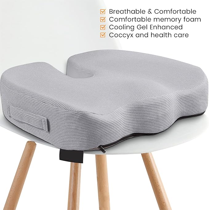 GRAND PITSTOP Memory Foam Seat Cushion for Office Chair Car & Home Orthopedic Tailbone & Sciatica Pain Relief Pad Ergonomic U-Shaped Design with Cooling Foam, Non Slip Base & Washable Cover