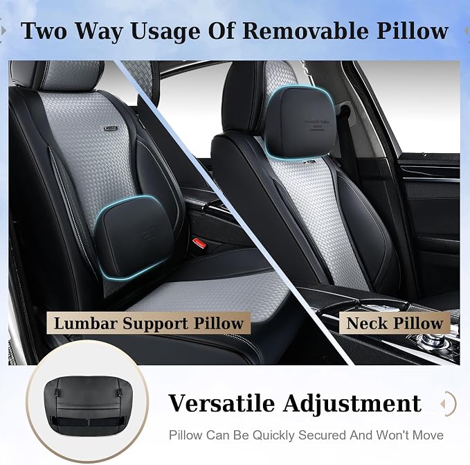 Coverado Seat Covers, Car Seat Covers Front Seats, Waterproof Nappa Leather Auto Seat Cover with Lumbar Head Pillow, Black Gray Seat Covers Carseat Cover Universal Fit for Most Cars