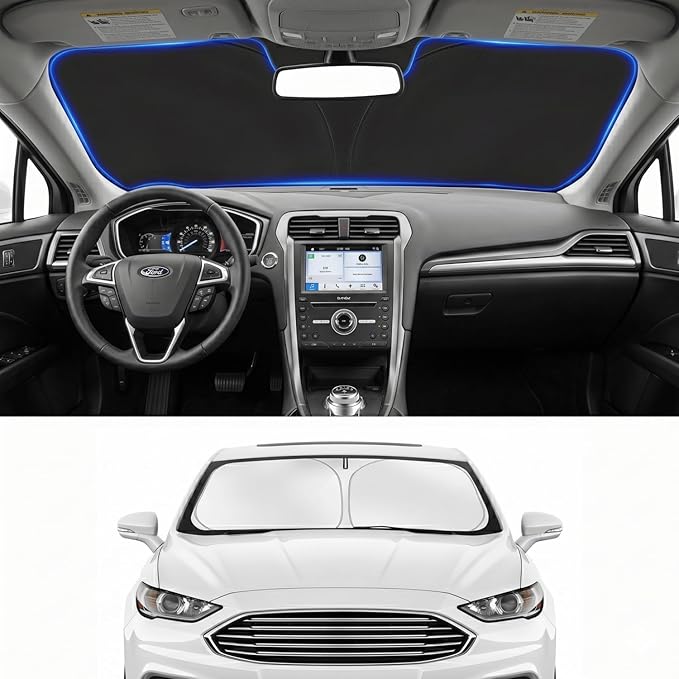 Custom Fit Windshield Sun Shade for Ford Fusion 2013-2021 | Custom Fit Windshield Cover, Blocks UV Rays, Double-Layer Heat Shield, Durable Frame, Easy Fold & Storage